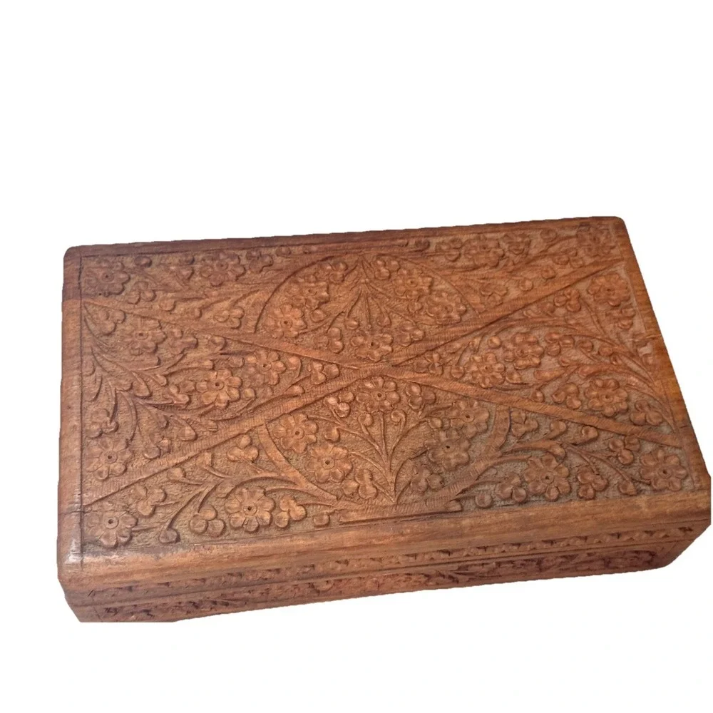 Vintage India Hand Carved‎ Handmade Wood Box Jewelry Trinket Floral Flowers Blue